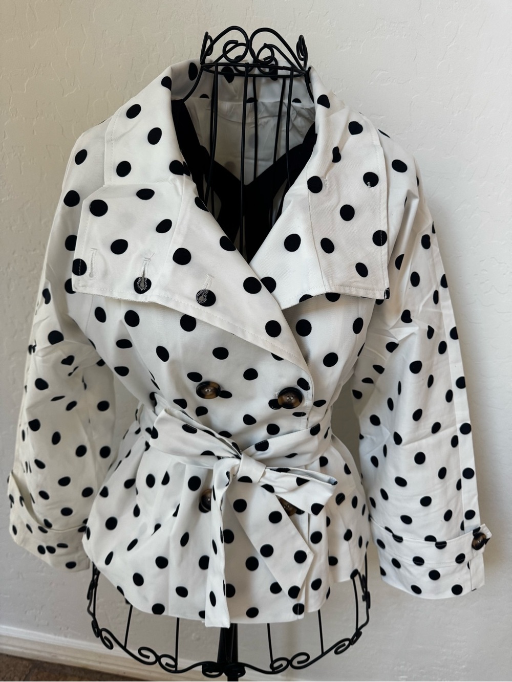 White Polka Dot Tie-Waist Trench Coat